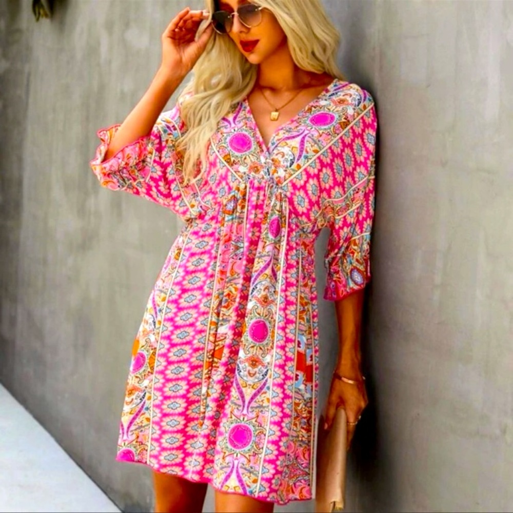Plunge V Neck Backless Boho Print Mini Dress Pink